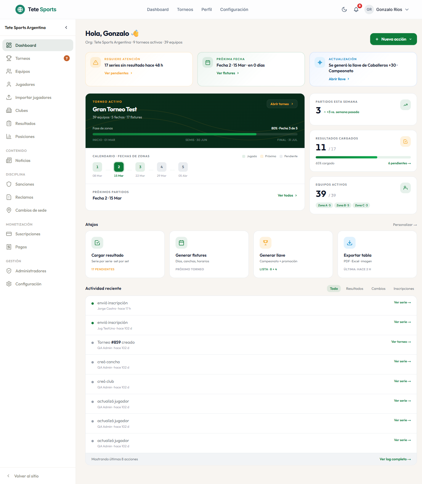 Panel de administración real de Tete Sports